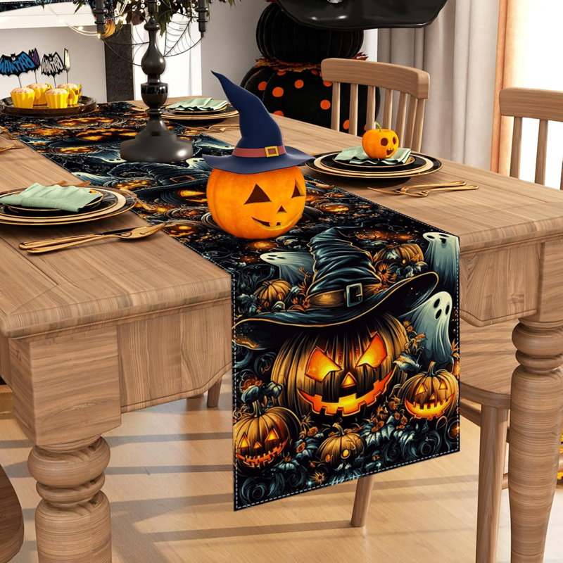Chemin de table noir citrouilles fantômes décorations de table de salle à manger 108 pouces pour la maison, 108" L