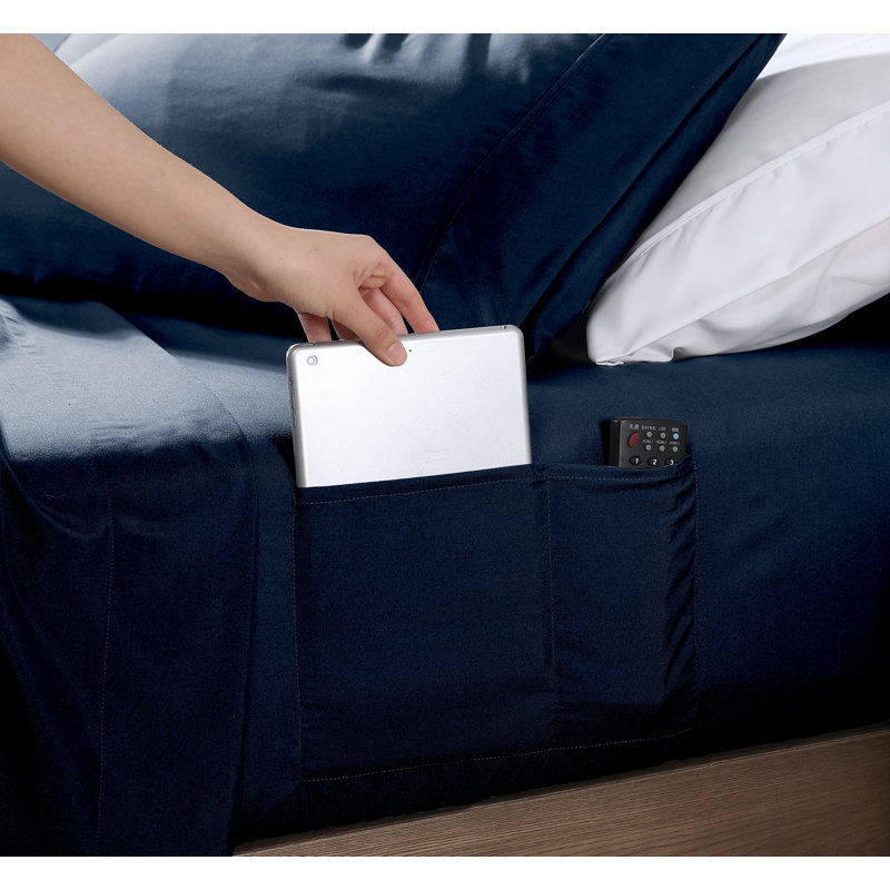 1800 Series Smart Storage Pocket Microfiber Sheet Set, Queen Sheet Set + 1 Fitted Sheet + 2 Pillowcases, Navy