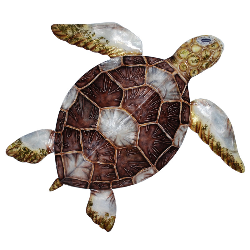 Handcrafted Coastal Loggerhead Turtle Wall Art in Brown Capiz Shell