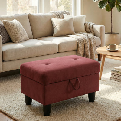 Rectangular Storage Ottoman Bench With Lid, Flannel Footrest For Living Room, Bedroom, Or Entryway, Red