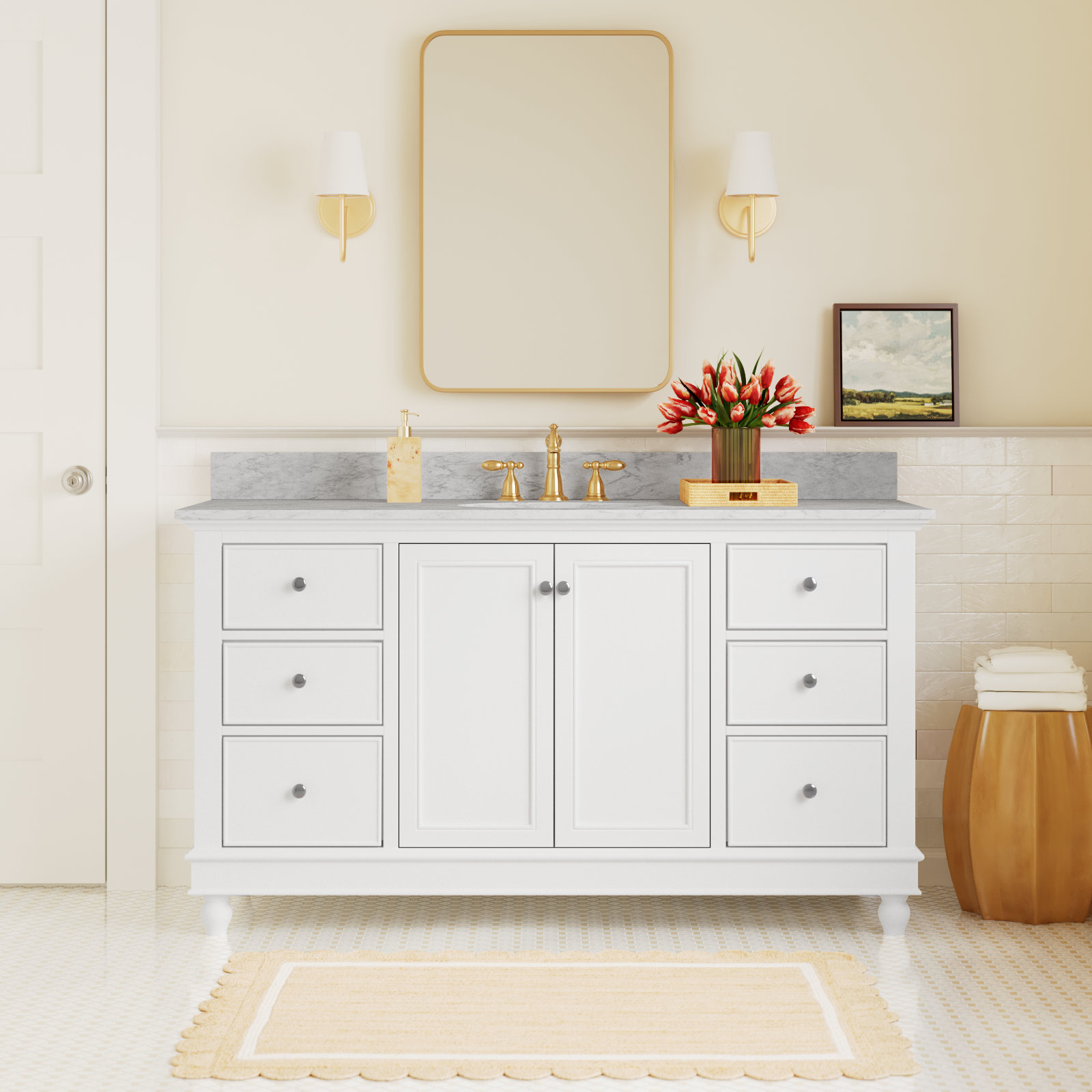 Ferdinand 60'' Single Bathroom Vanity, White, Carrara Marble