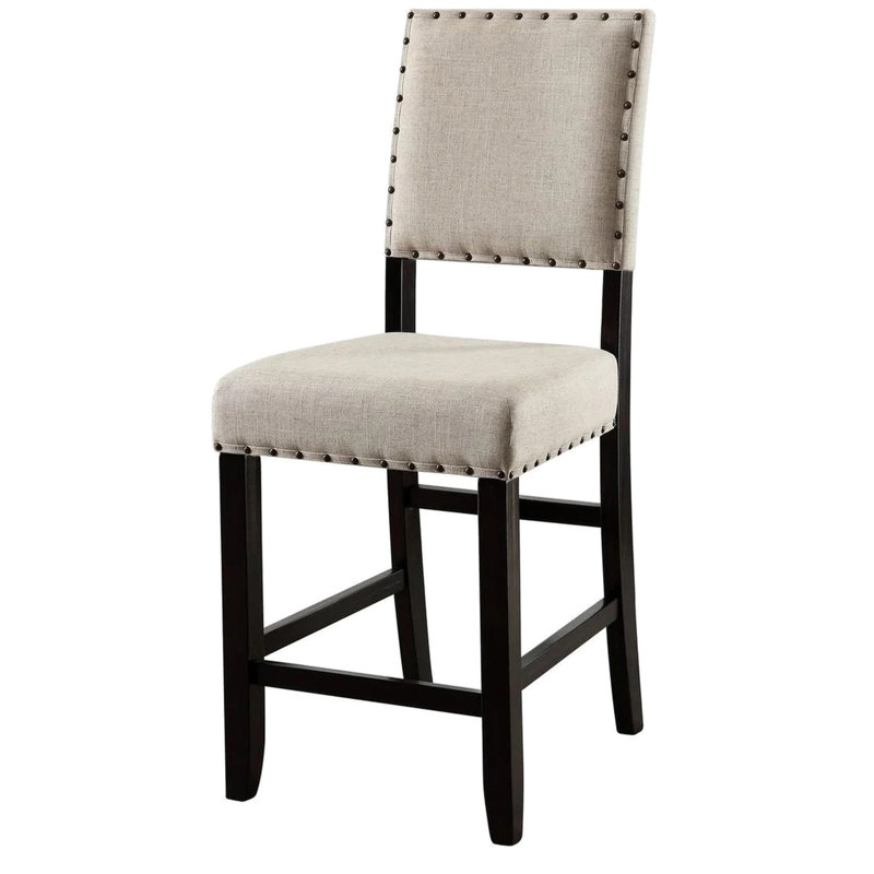 Chaises transitionnelles à hauteur de comptoir pour salle à manger, 2 pièces, tissu beige et bois massif avec détails rustiques, dossier rembourré en lin noir antique