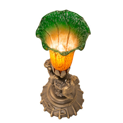 13" High Amber/Green Tiffany Pond Lily Twin Cherub Accent Lamp