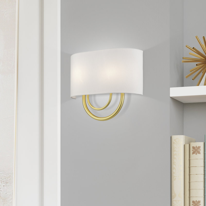 2 Light Bronze Large ADA Sconce With Hand Crafted Off-White Fabric Shade, Soft Gold