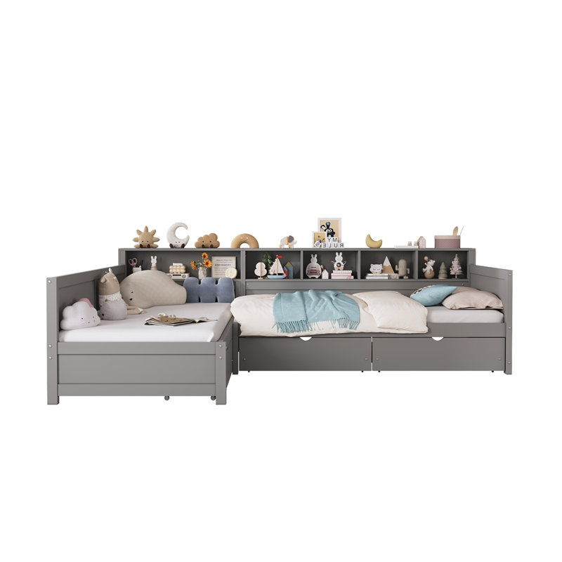 Twin Size Day Bed for 2, L- Shape Twin Size Bed Frame with Storage 3 Drawers, Wooden Corner Bed with Bookshelf, Corner Bed Frame For Bedroom, Living Room