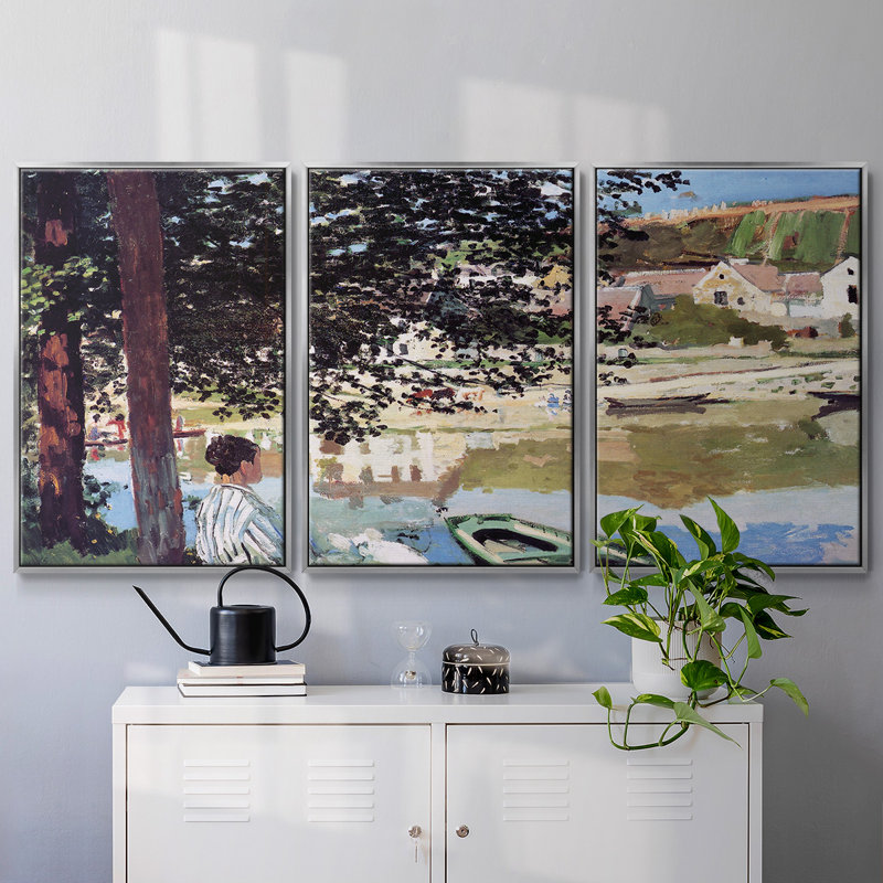 Monet - 3 pièces, reproduction encadrée sur toile, H 40 po x l 78 po x P 2 po, Argent