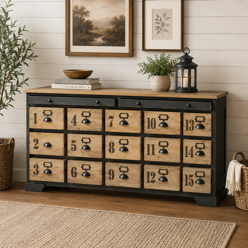 Vintage Industrial 15 Drawer Sideboard 200cm Numbered Apothecary Chest Of Drawers Wall Storage Table