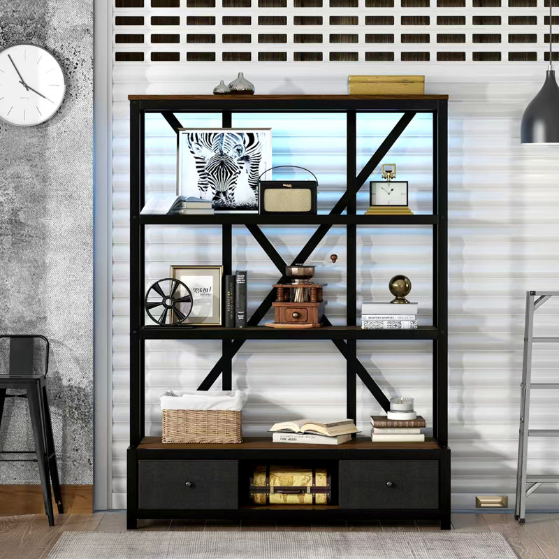 3-Shelf Metal Bookcase With Drawers, Open Bookcase, Vintage Industrial Style Bookcase With LED, Brown