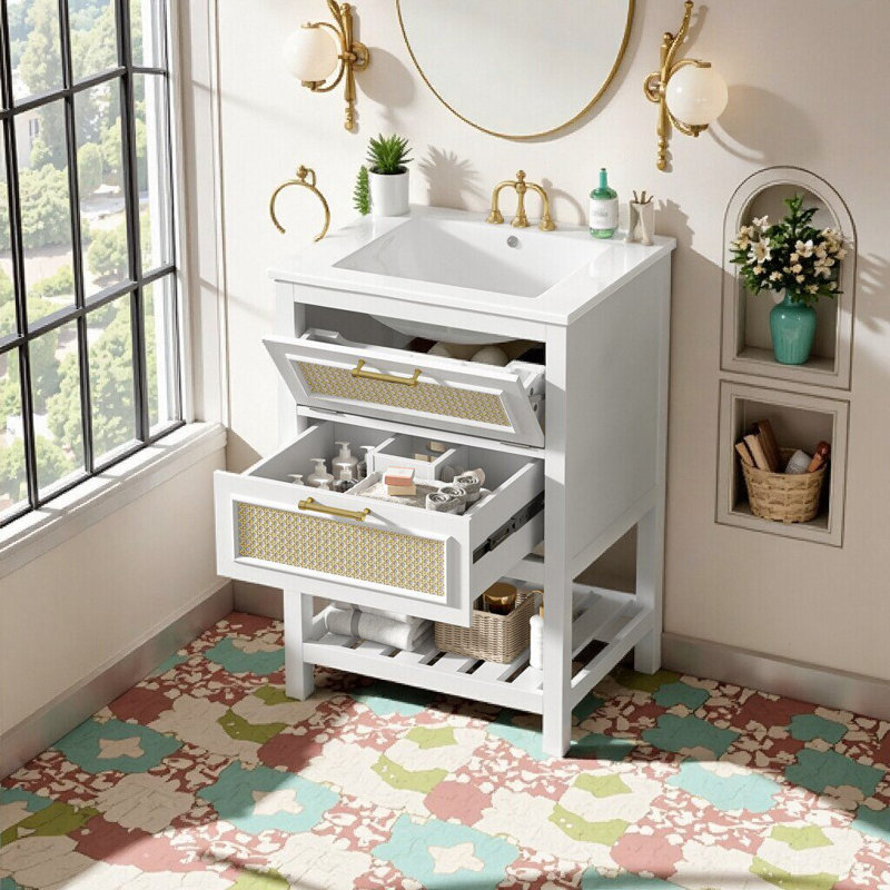 Meuble-lavabo 24 po avec lavabo en céramique, meuble de rangement, conception moderne, Blanc