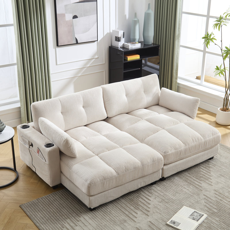 Méridienne beige en velours côtelé avec accoudoirs interchangeables et coussin en tissu, coussin de charge et compartiment latéral