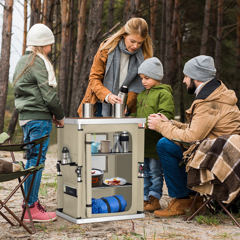 Rectangular Wood Metal Folding Outdoor Camping Table , 23.6'' in. W 18.9'' in. D, Beige, Brown