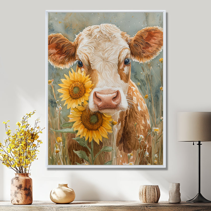 Vache Dulcemaria, peinture avec pivoines VI - vache, art mural, H 32 po x l 16 po, Reproduction avec cadre flottant, Blanc