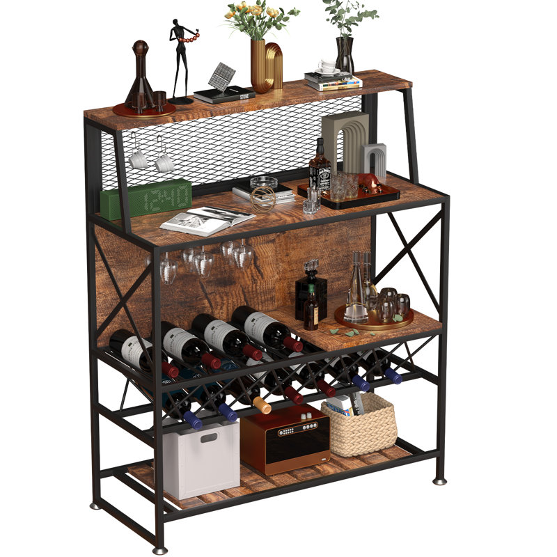 Rustic Brown Industrial Wine Rack Bar Table with Glass Holder