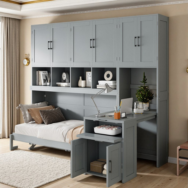 Murphy Bed With Desk, Cabinet And Bookcase, Gray