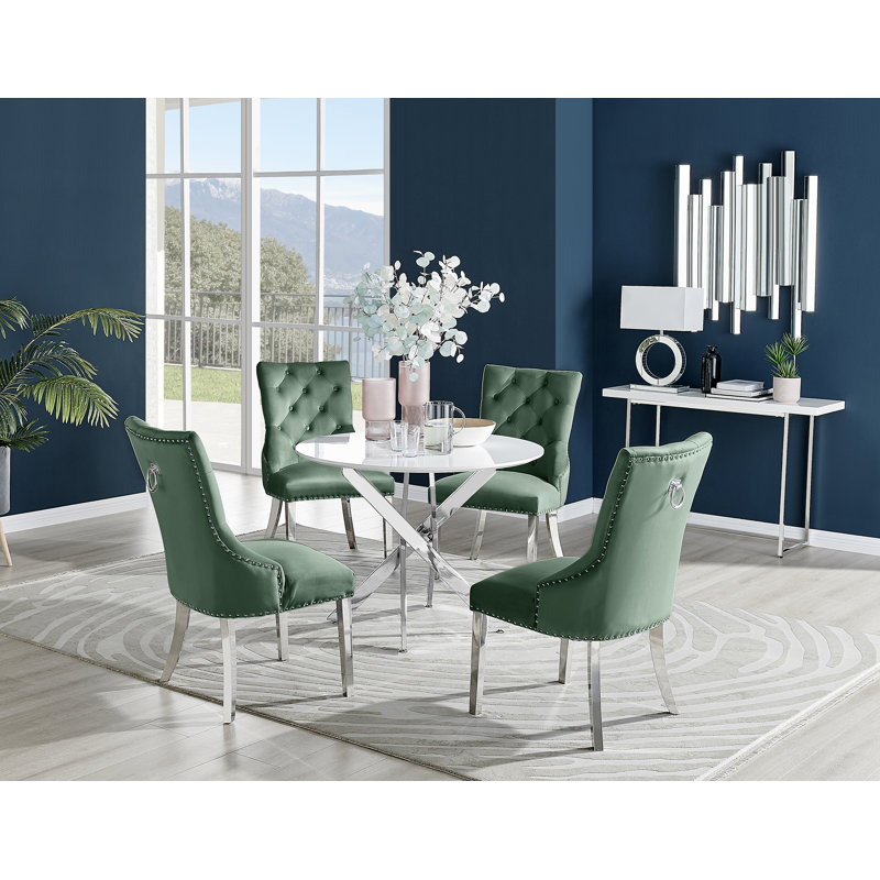 Tierra Modern Chrome Metal & Glass Round Dining Table Set with 4 Luxury Button Velvet Chairs