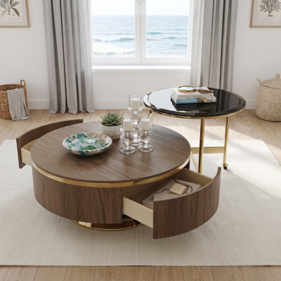  31.5" Walnut Nesting Coffee Table Sets with 2 Hidden Drawers