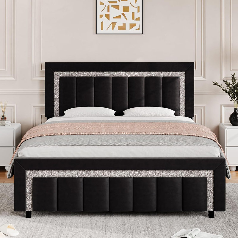 Full Black Velvet Upholstered Bed Frame with Diamond Tufted Headboard