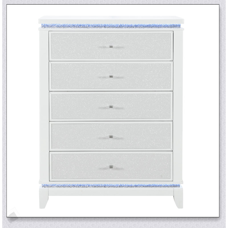 Commode blanche ADALID avec tiroirs scintillants et éclairage à DEL intégré, parfaite pour les chambres à coucher modernes et glamour