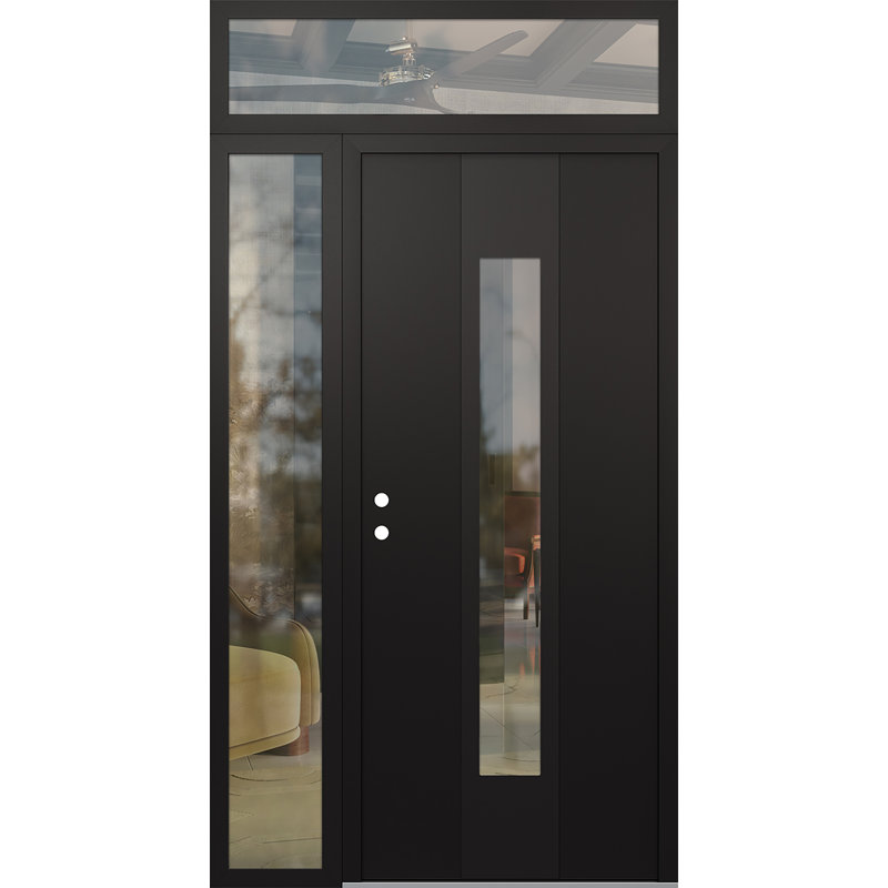 Porte d'entrée pré-suspendue en acier noir avec panneau latéral droit et traverse gauche, L 51,25 po x H 95,69 po