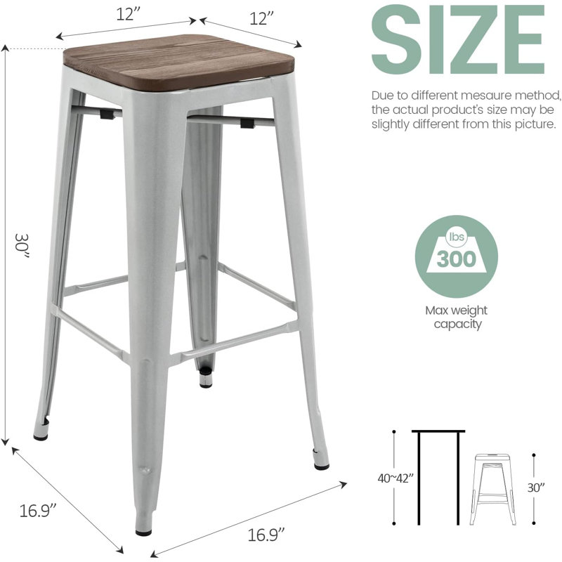 30 Inch Metal Bar Stools with Square Solid Elm Wood Seat Top, Backless Stackable Industrial Barstools,Counter Stool Set of 2