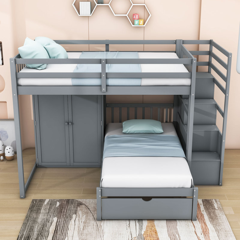 Full Over Twin Wooden Bunk Bed With 5 Drawer And Staircase And Wardrobe, Gray
