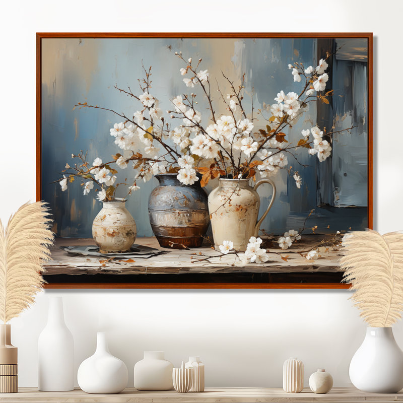 Art mural de poterie et de fleurs nature morte I, H 16 po x l 32 po, Reproduction avec cadre flottant, Brun
