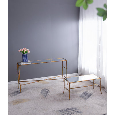 Console 56,5 x 14 x 30 po or antique, plateau en miroir
