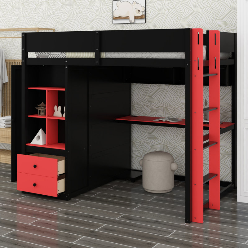 Cadre de lit mezzanine avec armoire et bureau, bande DEL contrôlable par application intelligente, ports de chargement USB pratiques