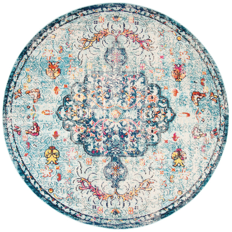 Felty Oriental Area Rug, Round 3', Blue/Red/Beige