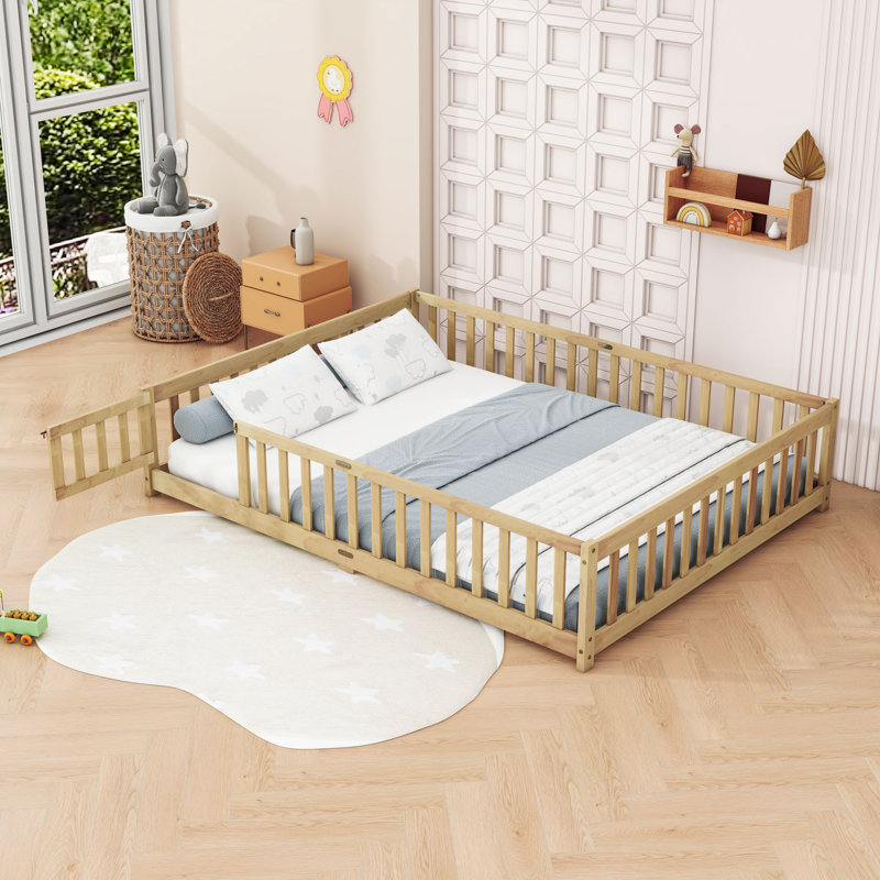 Queen Floor Bed With Safety Guardrails, Natural