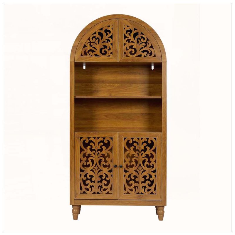 Bibliothèque 66 po de hauteur avec bibliothèque ouverte et armoire arquée en bois sculpté