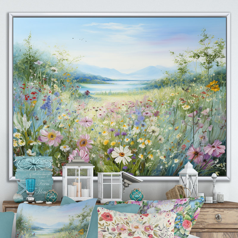 Simplity Wreath Green Flower Field - Art mural grand champ de fleurs, H 30 po x l 40 po x P 1,5 po, Cadre flottant blanc