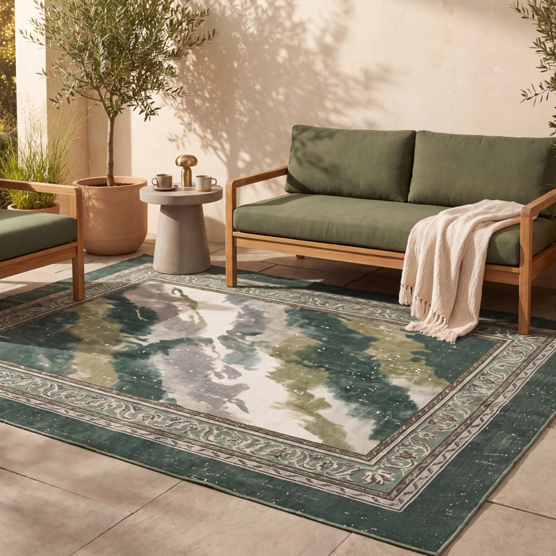 Tapis Highland2 moderne à l'aspect vieilli, aquarelle abstraite verte, grise et blanche, lavable à la machine, antidérapant, à poils courts, pour l'intérieur et l'extérieur, adapté aux animaux domestiques, idéal pour le salon, la chambre, la salle à manger, l'entrée, le couloir ou le bureau.