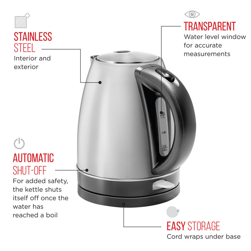 Bouilloire électrique en acier inoxydable de 1,7 litre Chefman