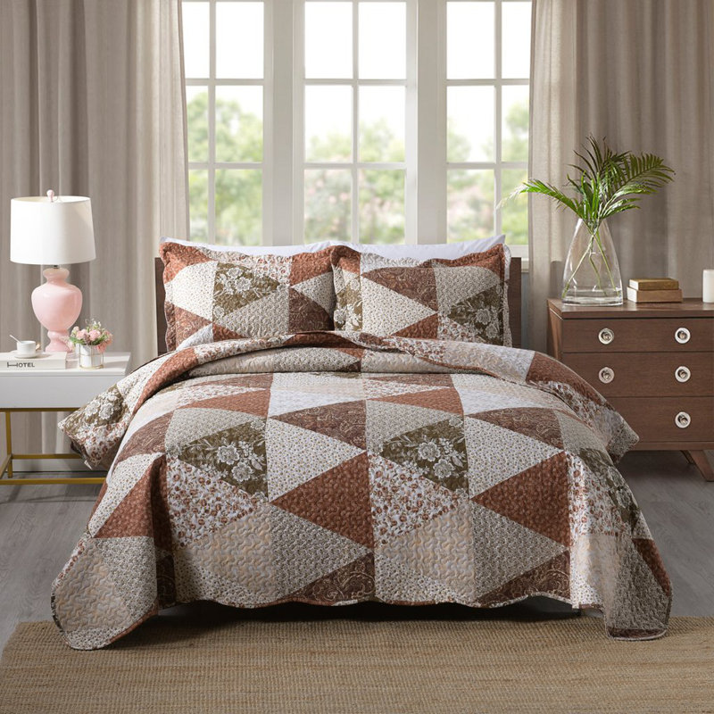 Ensemble de courtepointe réversible en microfibre brun B74 3 pièces, Courtepointe très grand et 2 très grandes taies