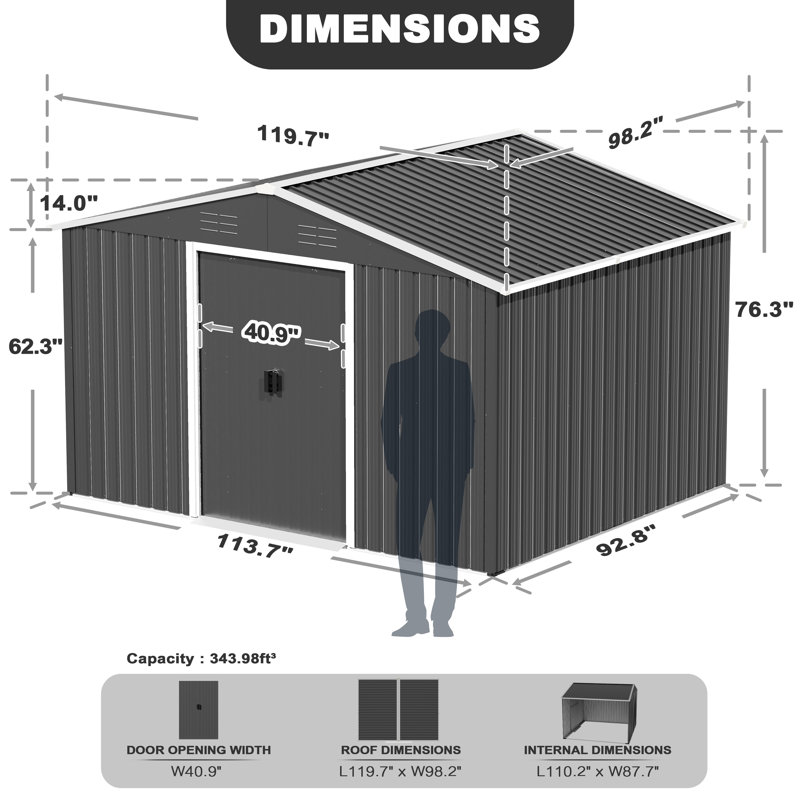 8 x 10 FT Garden Shed Storage Tool Shed with Sliding Doors, Dark Gray, 76.3" H x 113.7" W x 92.8" D, Black/White