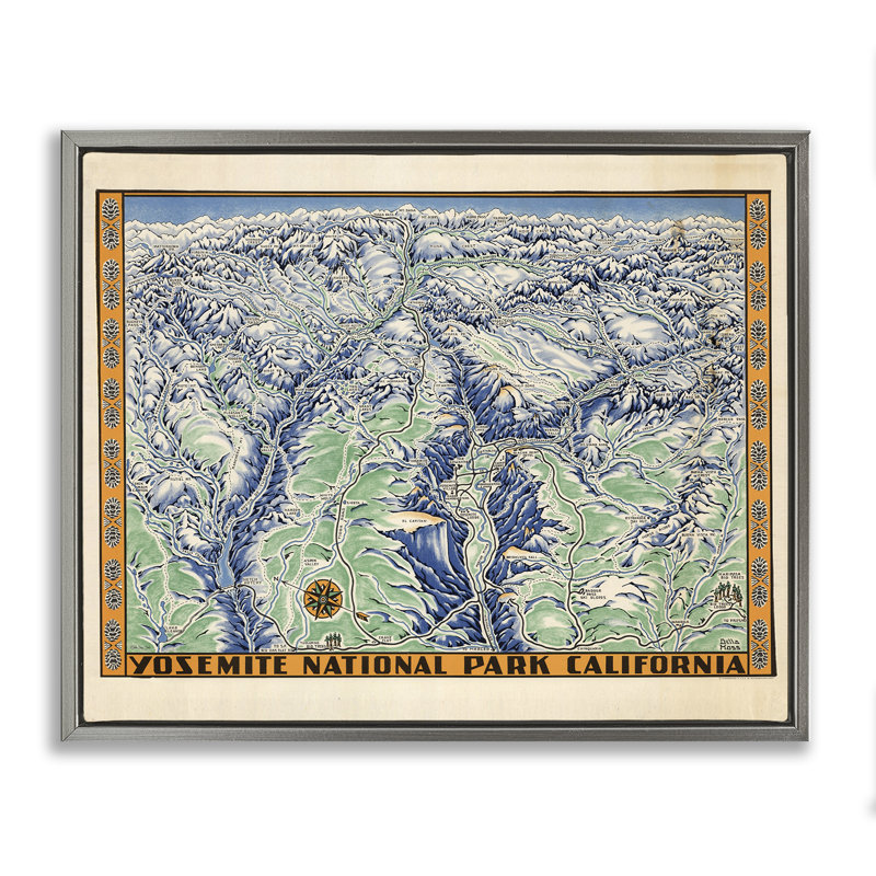 Art mural rétro sur toile flottante Yosemite Map par Stellar Design Studio, H 25 po x l 31 po, Cadre flottant gris lustré
