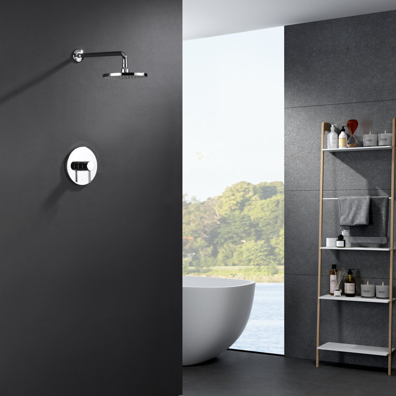Garniture de douche Euro Collection seulement: pomme de douche ronde de 8 po, ensemble de poignées simples et soupape brute incluse - chrome poli