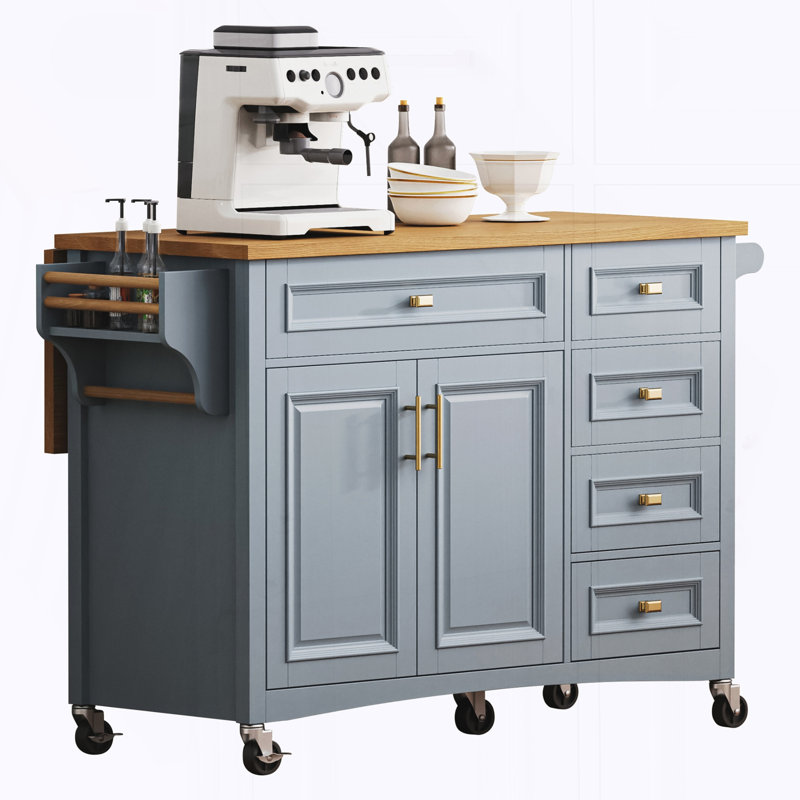 Kitchen Island with Drop Leaf, Embossed Texture Kitchen Island on Wheels with Spice Rack, Towel Rack, 2 Doors and 5 Drawers