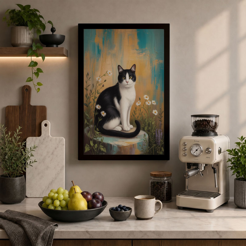 Contemplative Cat Boho 1 Piece Wrapped Canvas Wall Art, 36x24 - 91.4 x 61.0 cm, Black Border