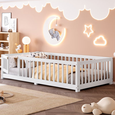Twin Size Montessori Floor Bed With Door And Safety Guardrail, White