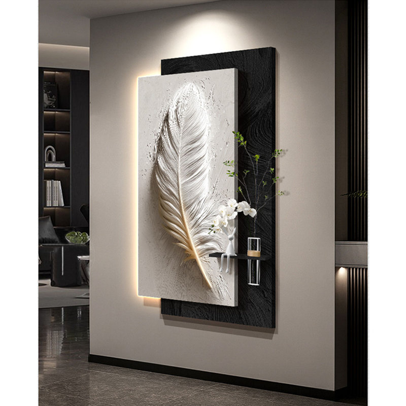 Modern Feather-Painted Sandstone Hydroponic Plant Mural With Lights, 39.37" H x 19.69" W x 2.17" D, Black;White