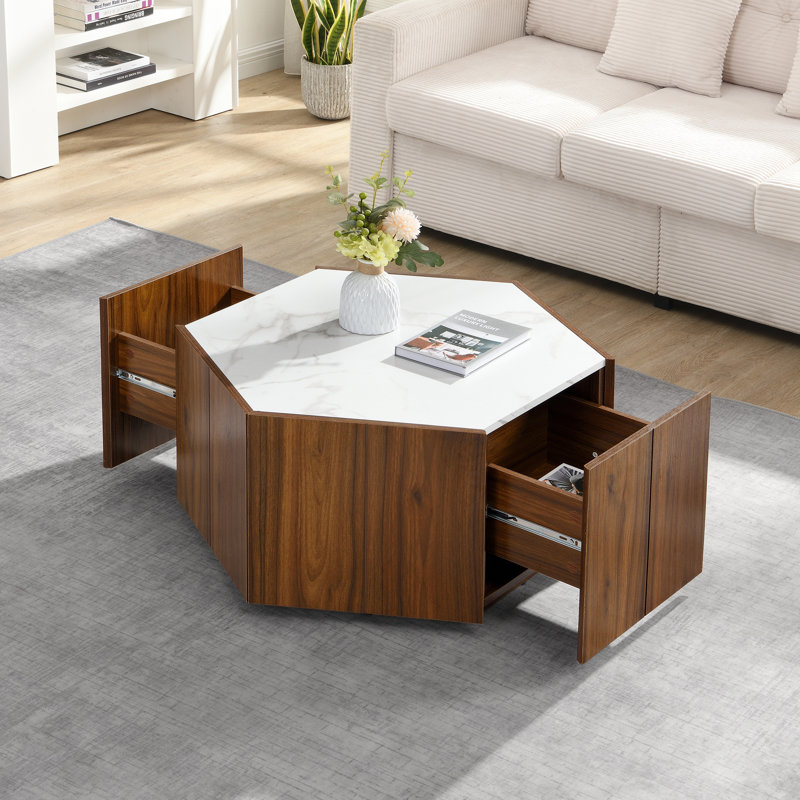 Table basse hexagonale rustique rétro en bois avec 2 tiroirs cachés, Blanc/noyer