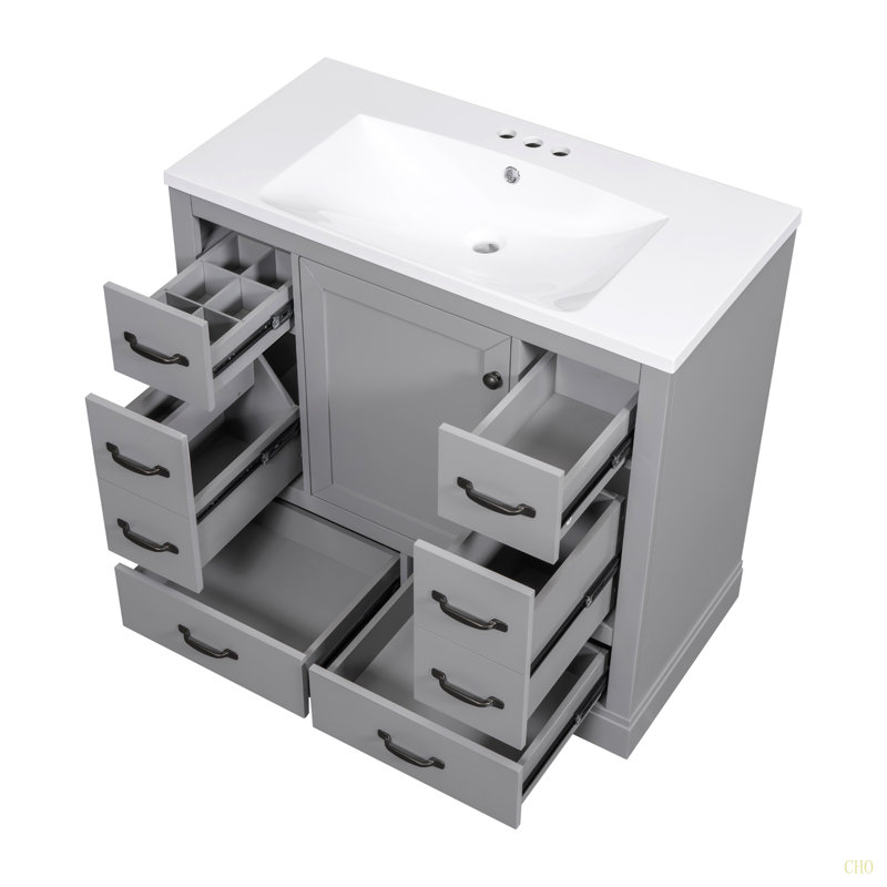 Ensemble de meuble-lavabo 36 po avec évier, six tiroirs, diviseur de tiroir multifonctionnel, tablette réglable, Gris