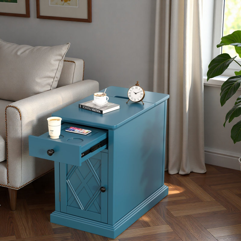 Table de bout classique avec ports USB, tiroir et armoire spacieuse, Marine