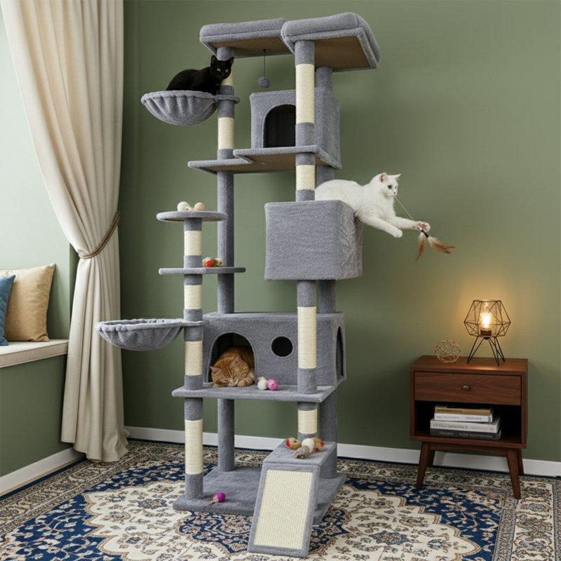 Arbre à chat 84 po H 84 po gris foncé - poteaux en sisal, condo, hamac, perchoir supérieur, ensemble anti-basculement