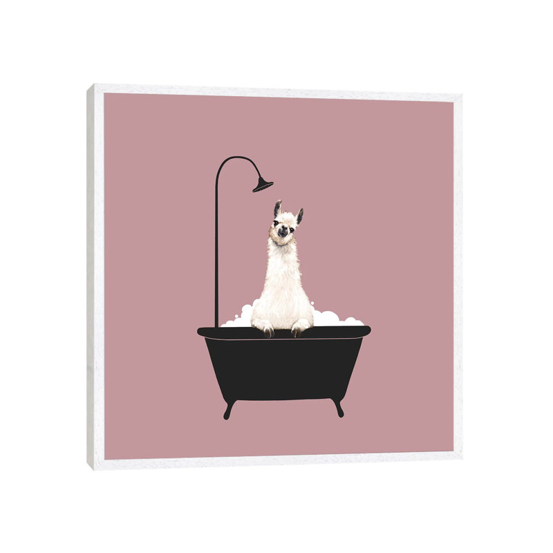 Llama In Bath Tub by Big Nose Work - Print on Canvas, 45.72 cm H x 45.72 cm W, White Framed