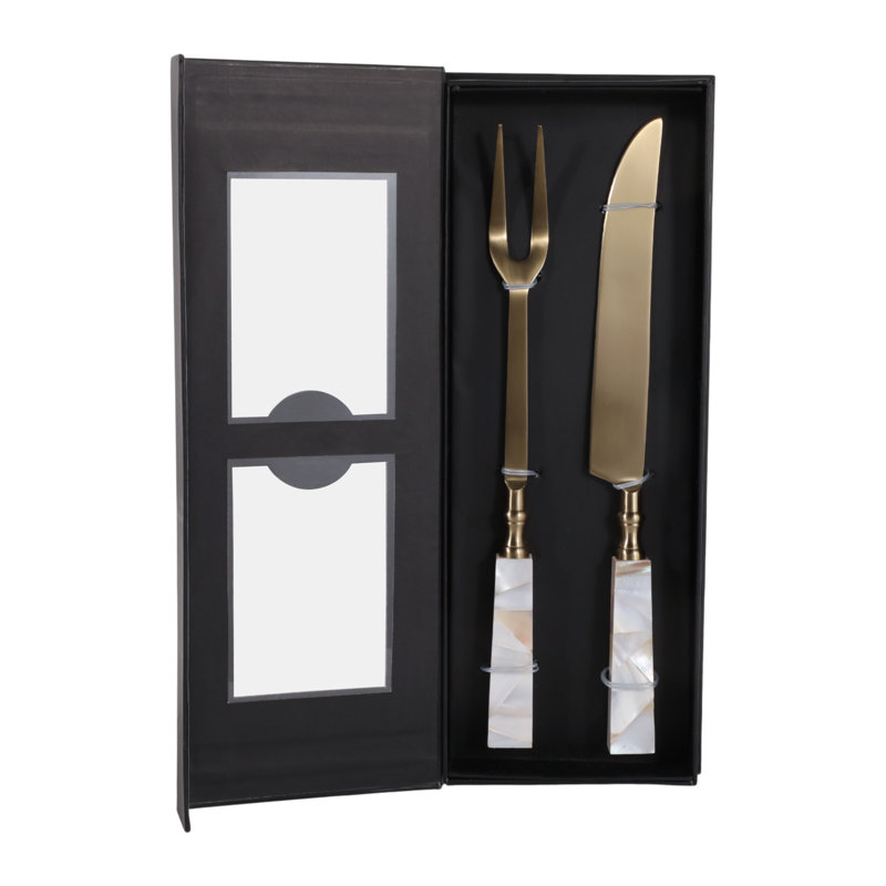 Ensemble d'ustensiles de sculpture moderne en nacre et acier dans une boîte pour table à manger - Service de cuisine pour le divertissement et la restauration - ensemble de 2, blanc et or