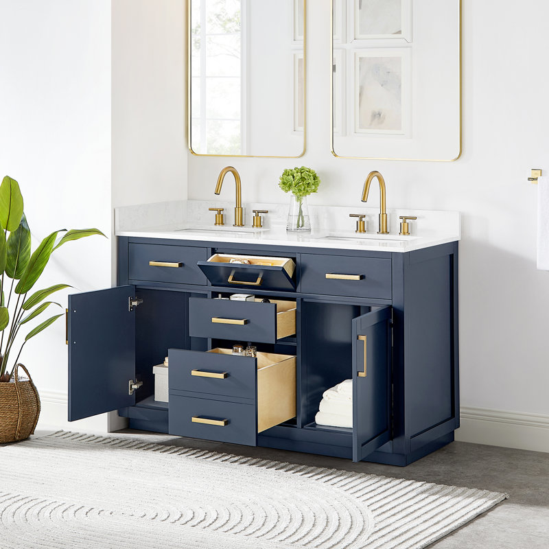Dejean 54" Double Bathroom Vanity with Grain White Engineered Stone Countertop without Mirror, Blue
