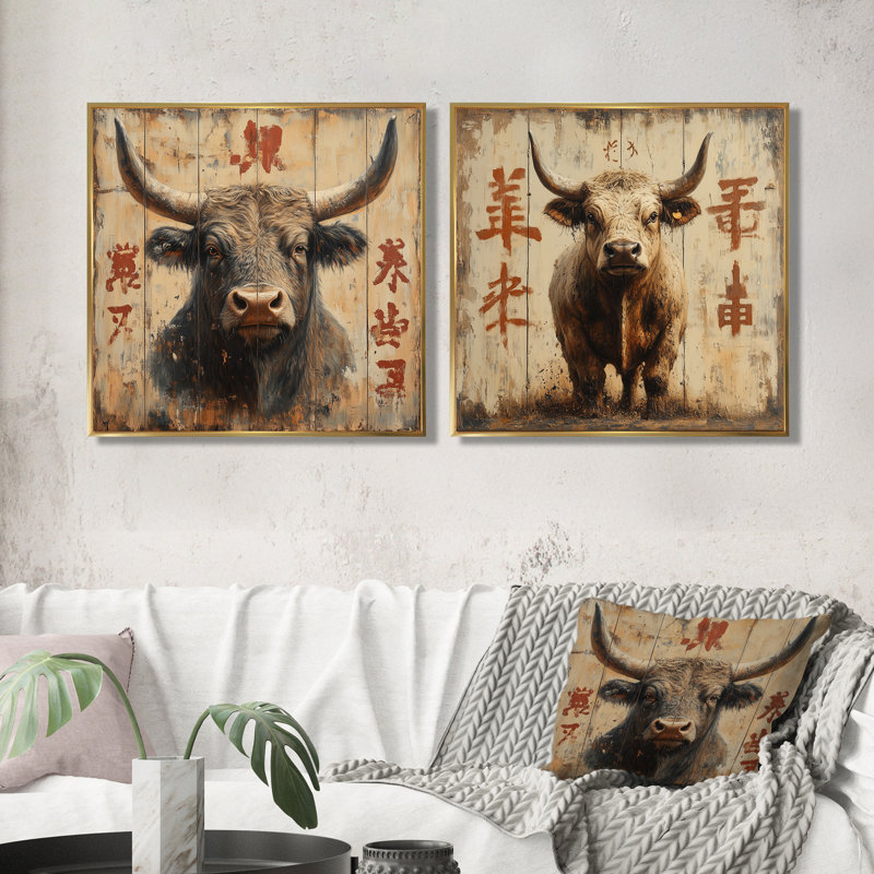 China China and Bull Ox I - Bull Wall Art - ensemble d'art mural moderne 2 pièces, H 36 po x l 73 po, Doré